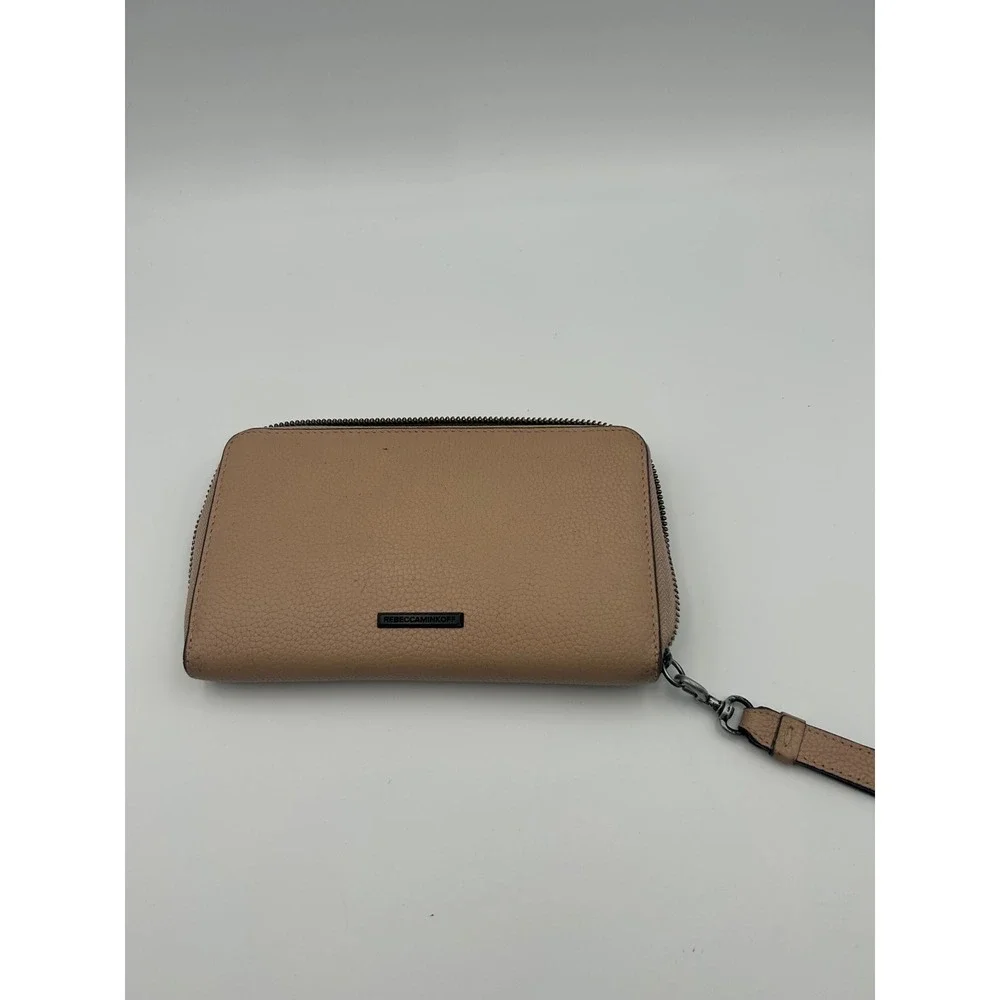 Rebecca Minkoff Avery Pebbled Leather Zip Around Wristlet Wallet Tan Gunmetal